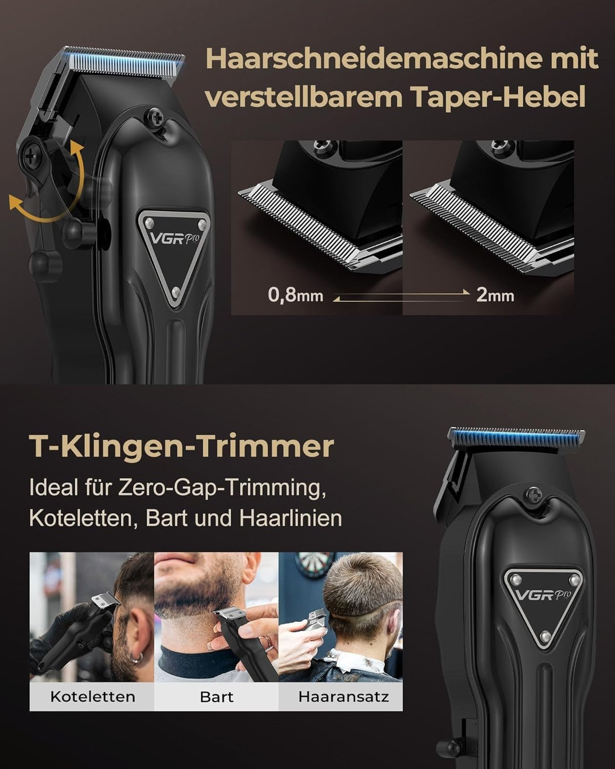 Kabellose Haarschneidemaschine für Herren – Profi T-Trimmer Set mit langer Akkulaufzeit, leise & präzise, Schwarz