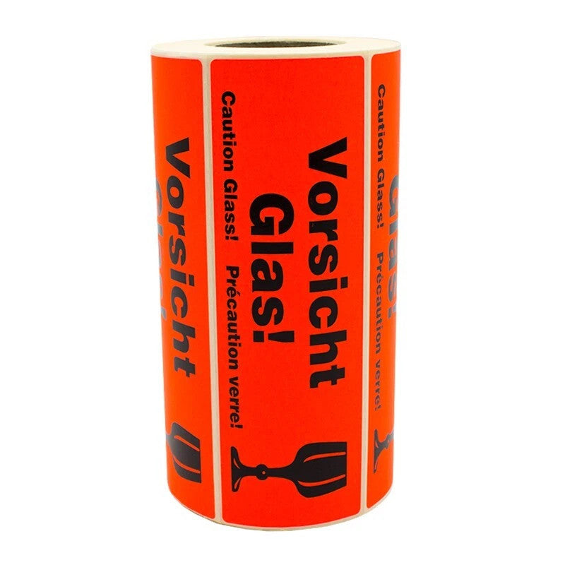 500 Warnetiketten VORSICHT GLAS – 150×48 mm Neonorange Bruchgefahr Aufkleber
