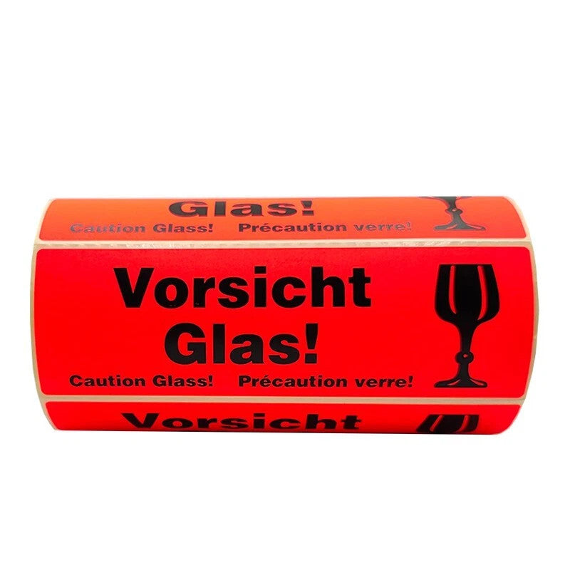 500 Warnetiketten VORSICHT GLAS – 150×48 mm Neonorange Bruchgefahr Aufkleber