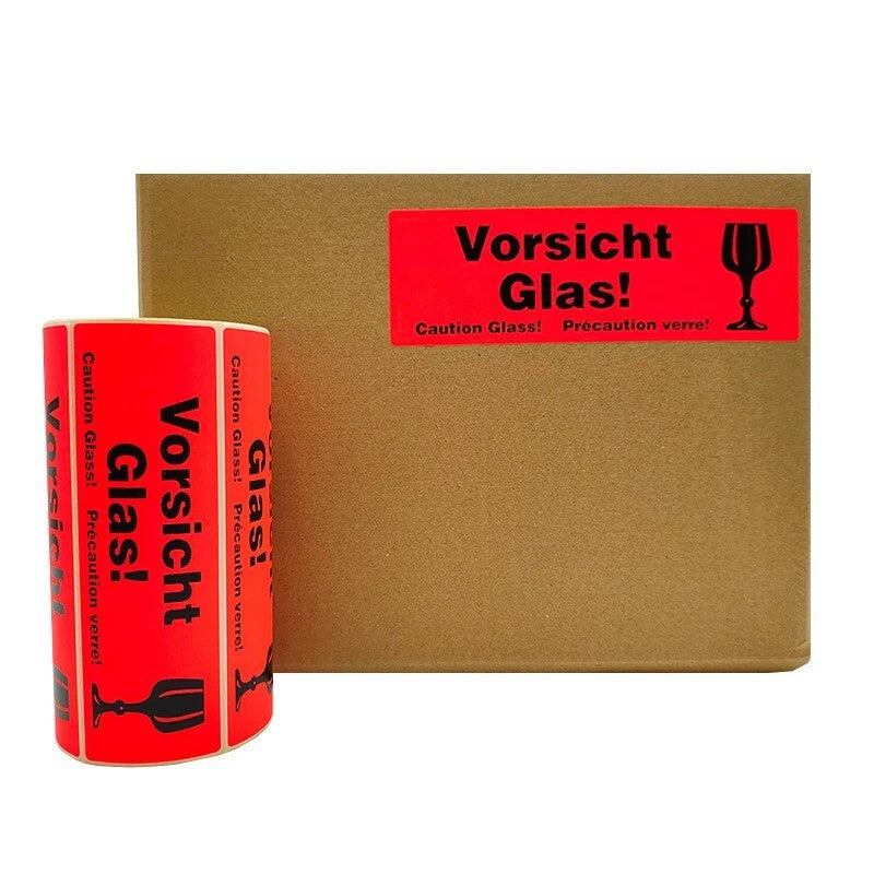 500 Warnetiketten VORSICHT GLAS – 150×48 mm Neonorange Bruchgefahr Aufkleber