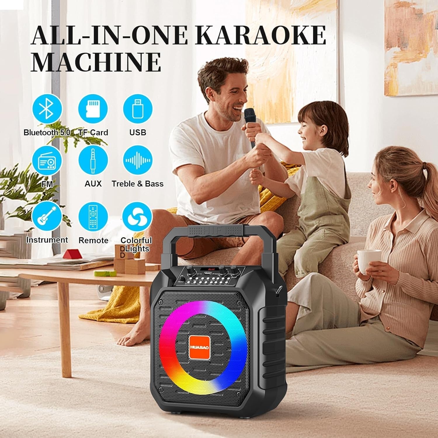 Karaoke Maschine mit 2 Funkmikrofonen, LED PA Lautsprecher, Bluetooth, USB