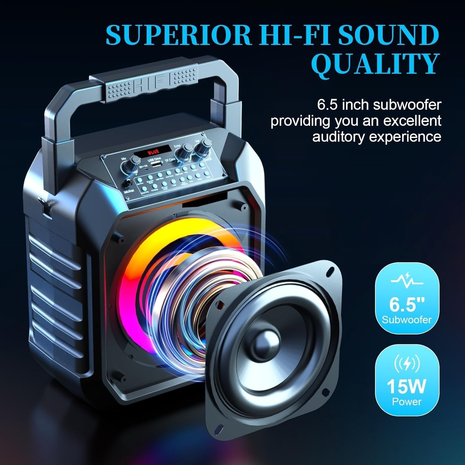 Karaoke Maschine mit 2 Funkmikrofonen, LED PA Lautsprecher, Bluetooth, USB