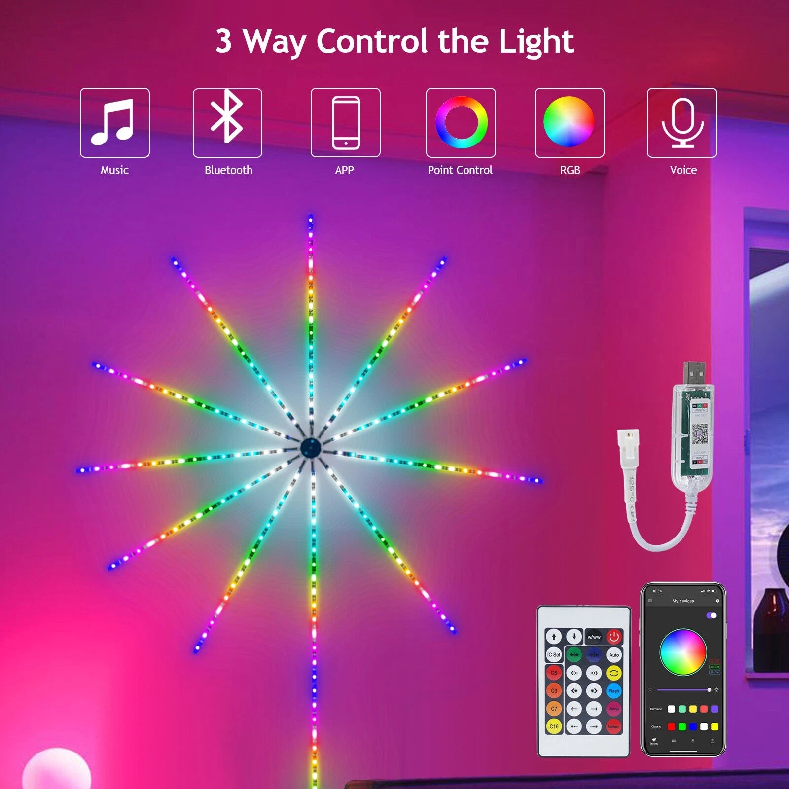 RGB LED Feuerwerk Lichterkette Stripe Bluetooth Musik Traumfarben 5V
