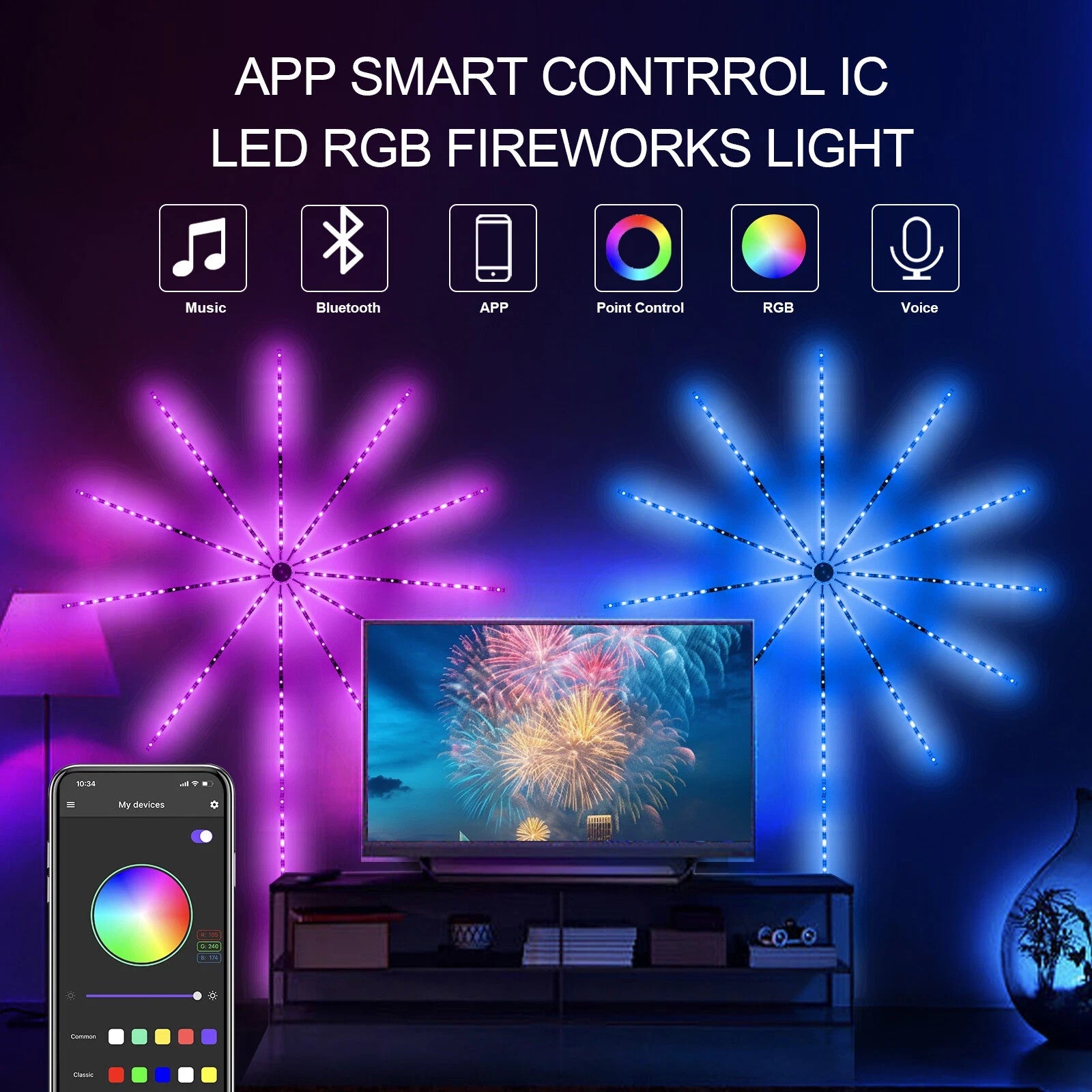 RGB LED Feuerwerk Lichterkette Stripe Bluetooth Musik Traumfarben 5V