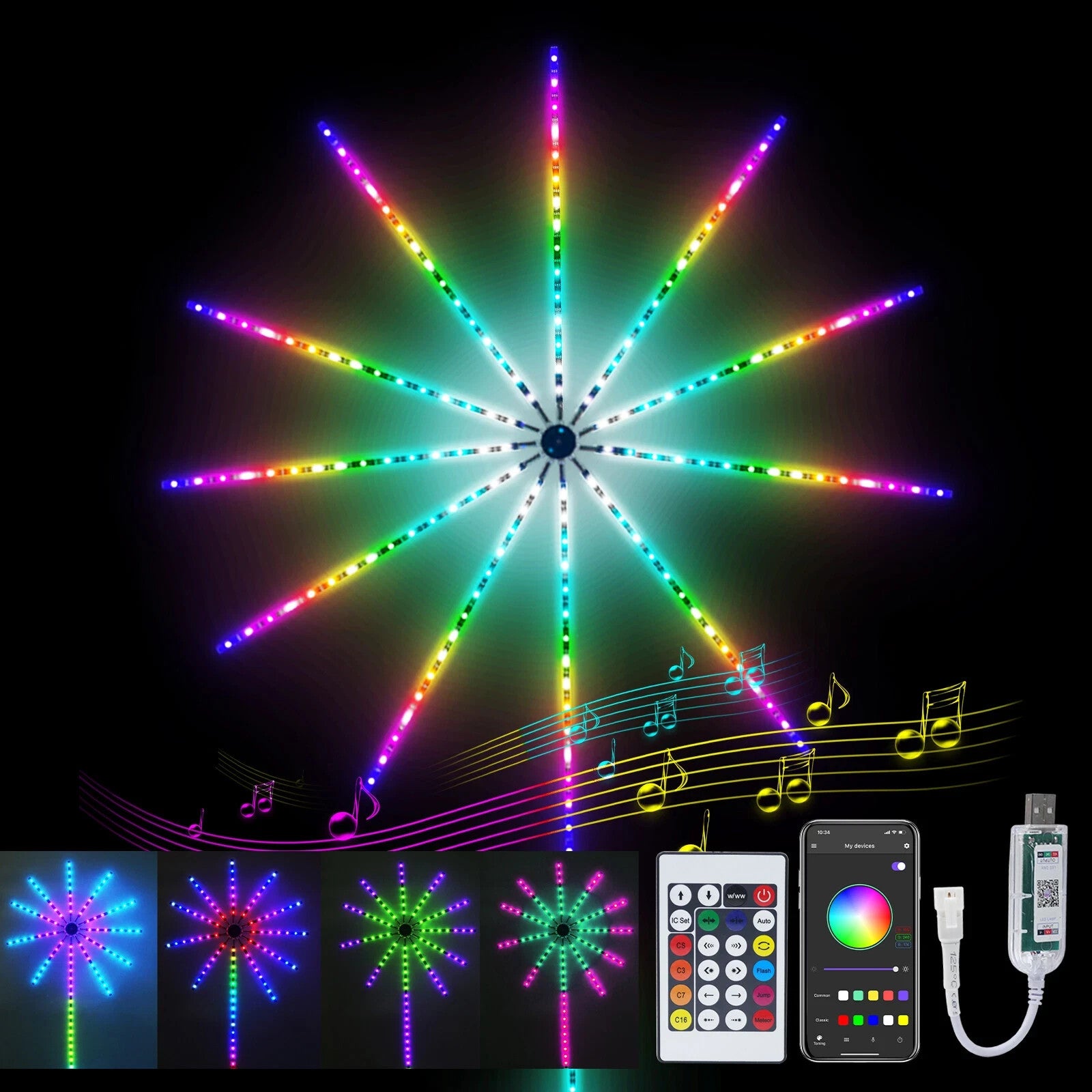 RGB LED Feuerwerk Lichterkette Stripe Bluetooth Musik Traumfarben 5V