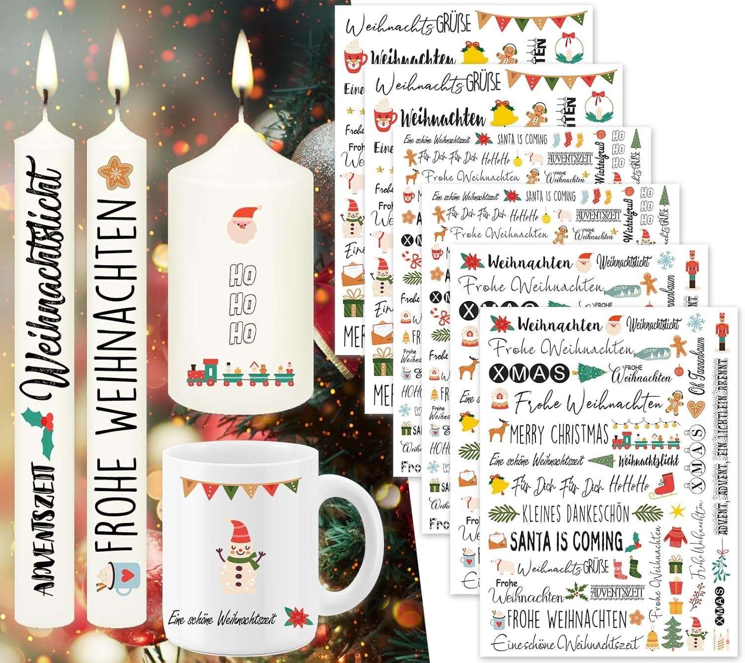 6x Weihnachts Kerzen Tattoo Set  200+ Motive Wassertransfer Deko