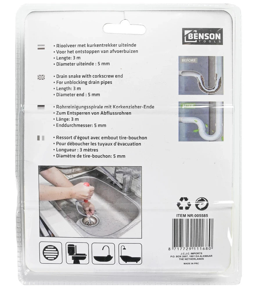Rohrreinigungsspirale 3m Rohrreinigungsgerät Rohrreinigungswelle Abflussspirale