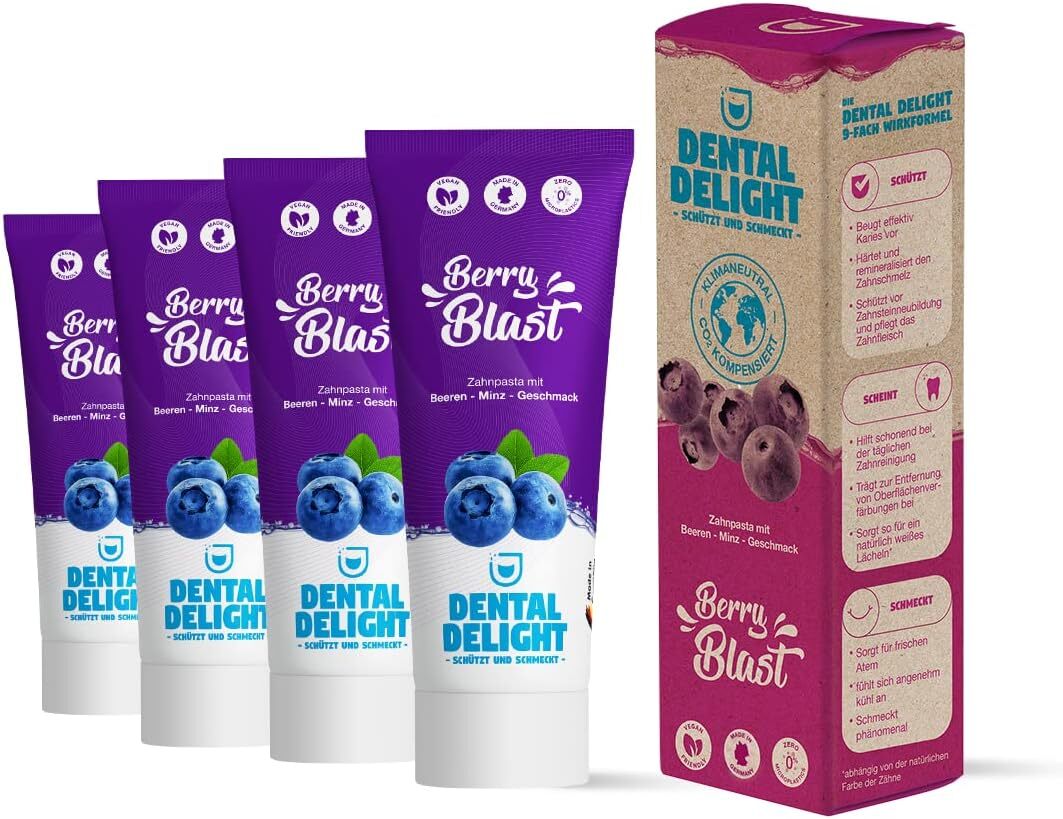 Dental Delight Berry Blast Zahnpasta – Vegane Zahncreme Blaubeere-Minze im 4er Pack