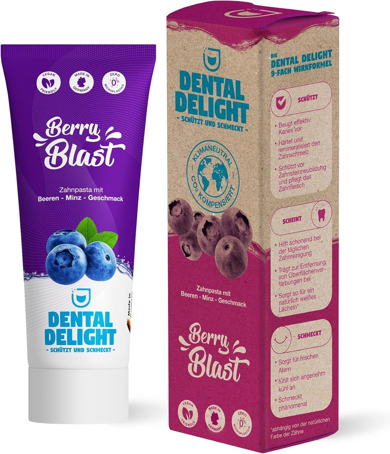Dental Delight Berry Blast Zahnpasta – Vegane Zahncreme Blaubeere-Minze im 4er Pack