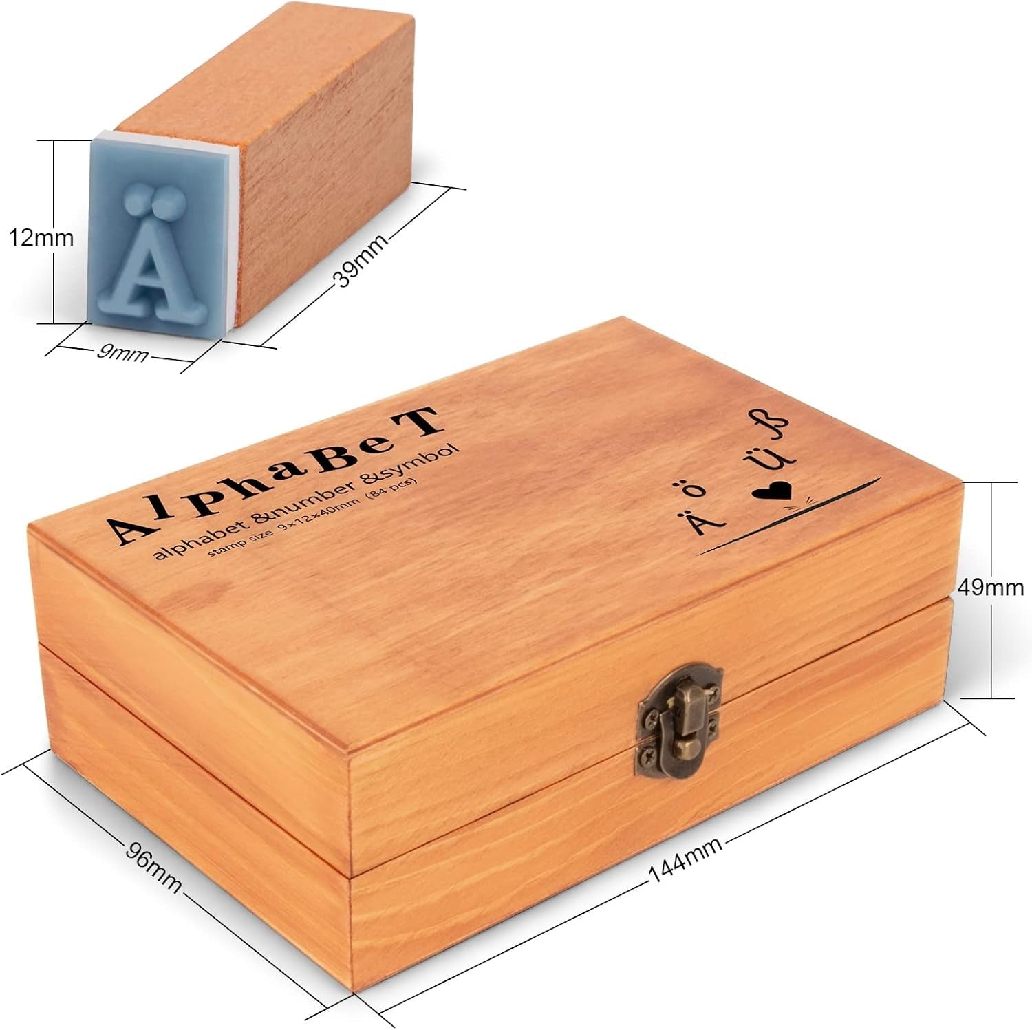 Alphabet Stempel Set 84 Stück Holz Vintage Buchstaben Zahlen Symbole mit Box