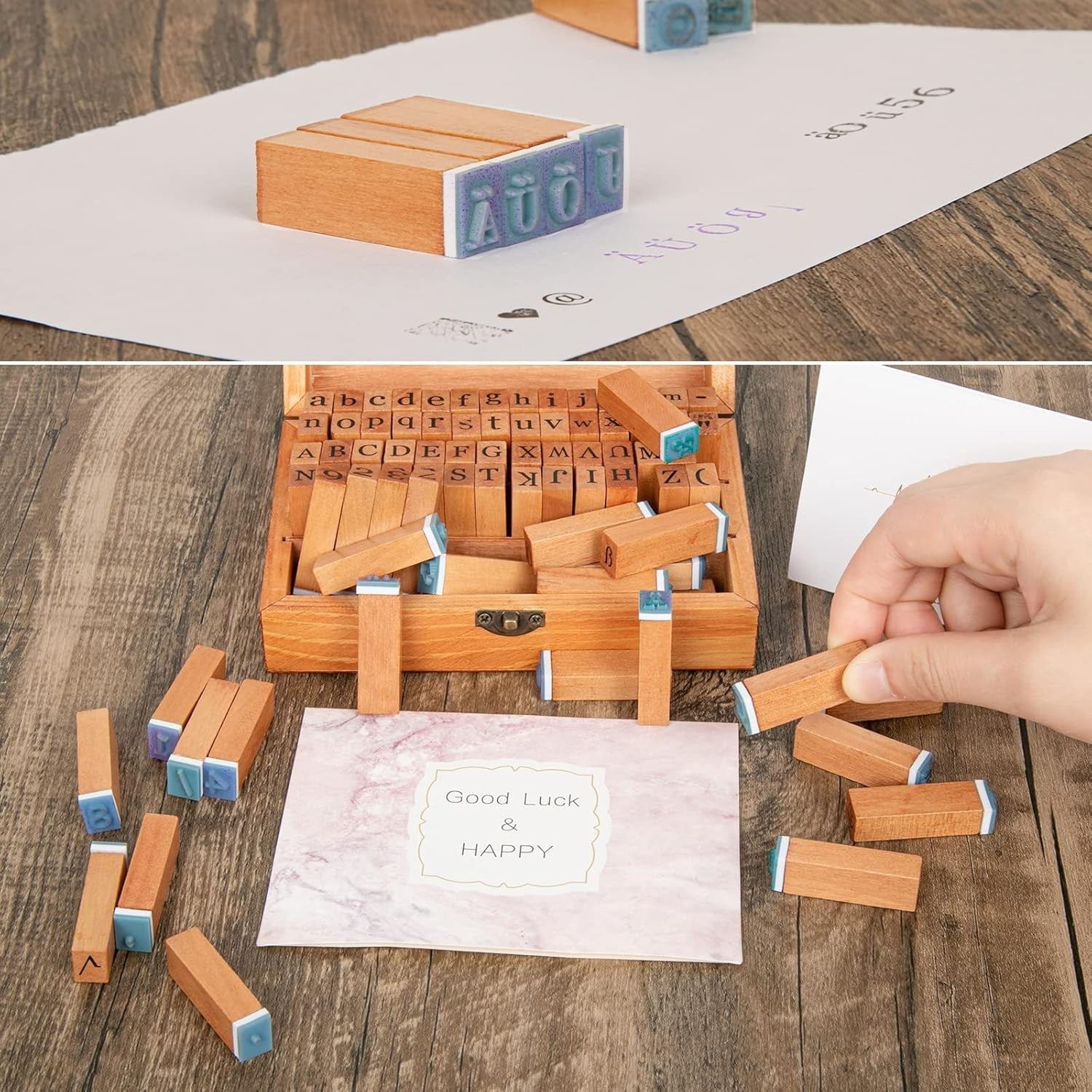 Alphabet Stempel Set 84 Stück Holz Vintage Buchstaben Zahlen Symbole mit Box