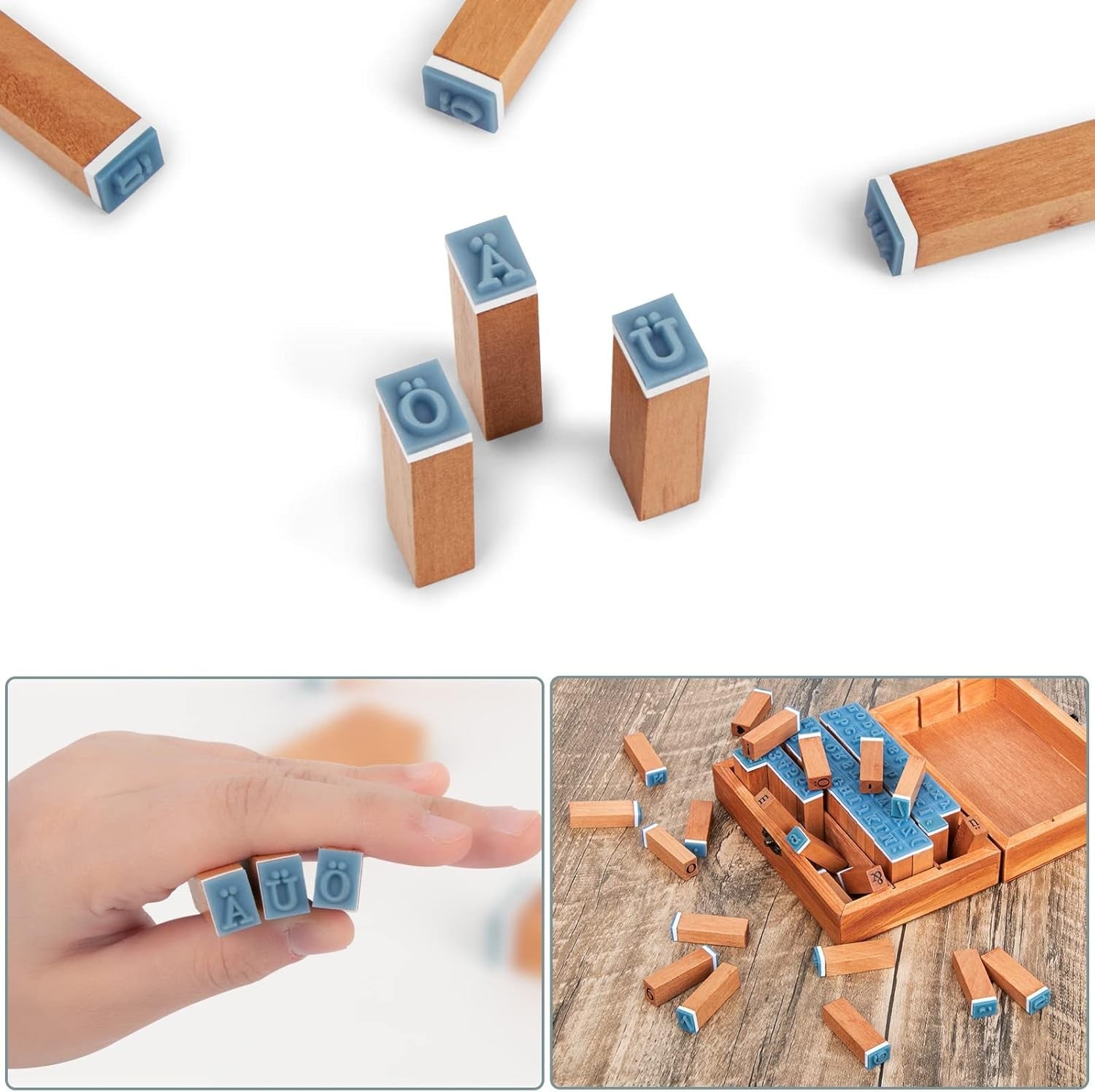 Alphabet Stempel Set 84 Stück Holz Vintage Buchstaben Zahlen Symbole mit Box