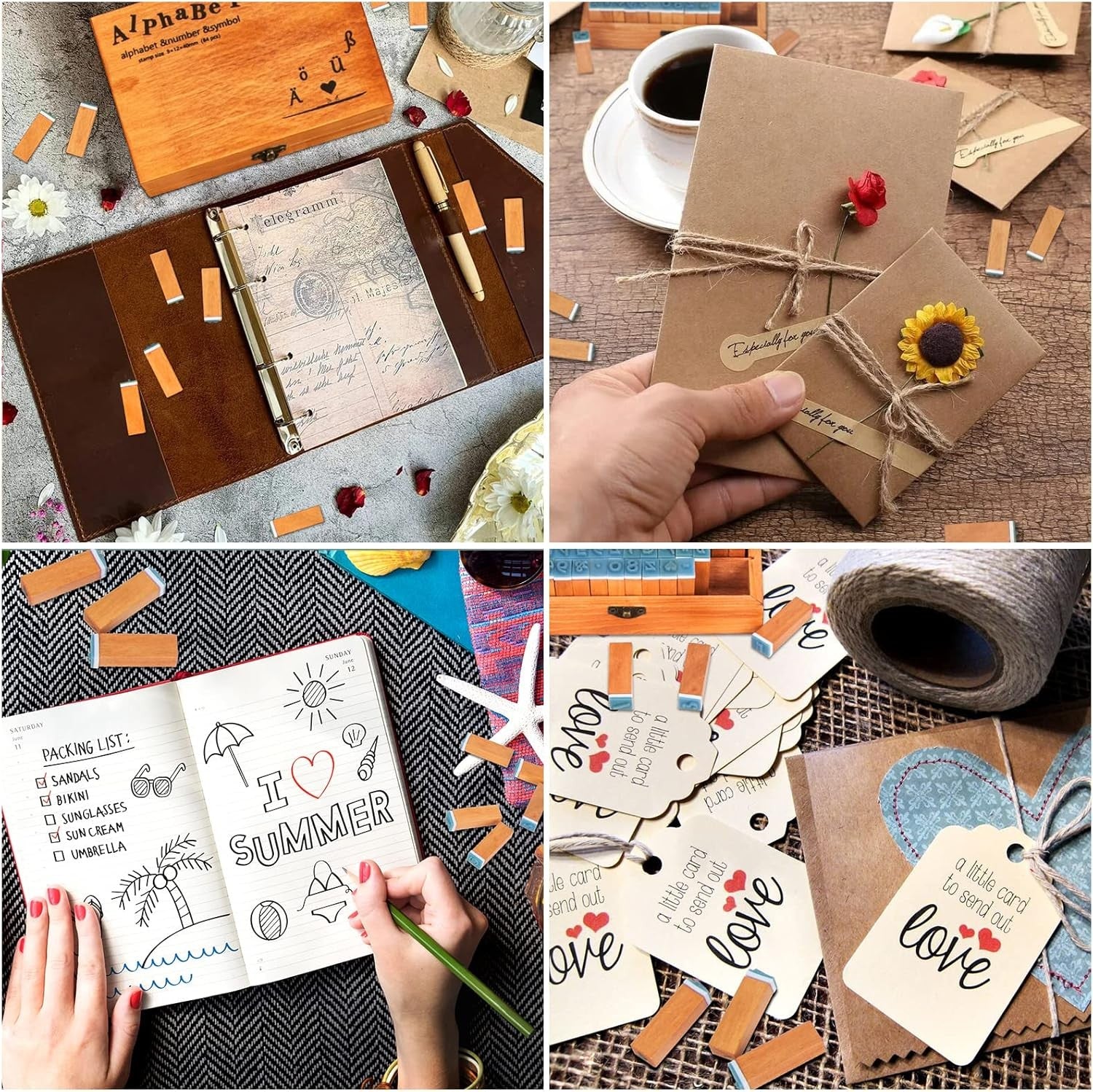 Alphabet Stempel Set 84 Stück Holz Vintage Buchstaben Zahlen Symbole mit Box