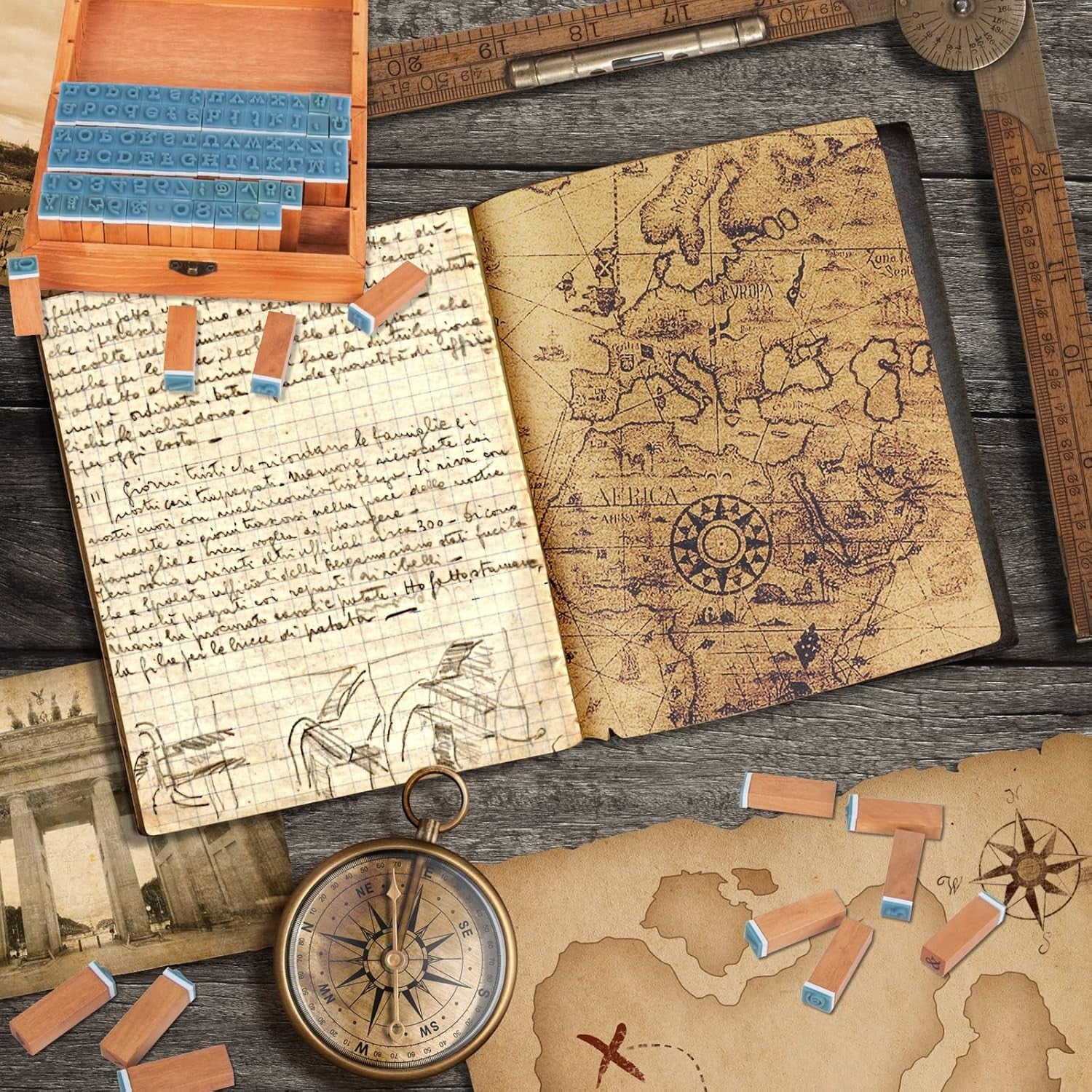 Alphabet Stempel Set 84 Stück Holz Vintage Buchstaben Zahlen Symbole mit Box