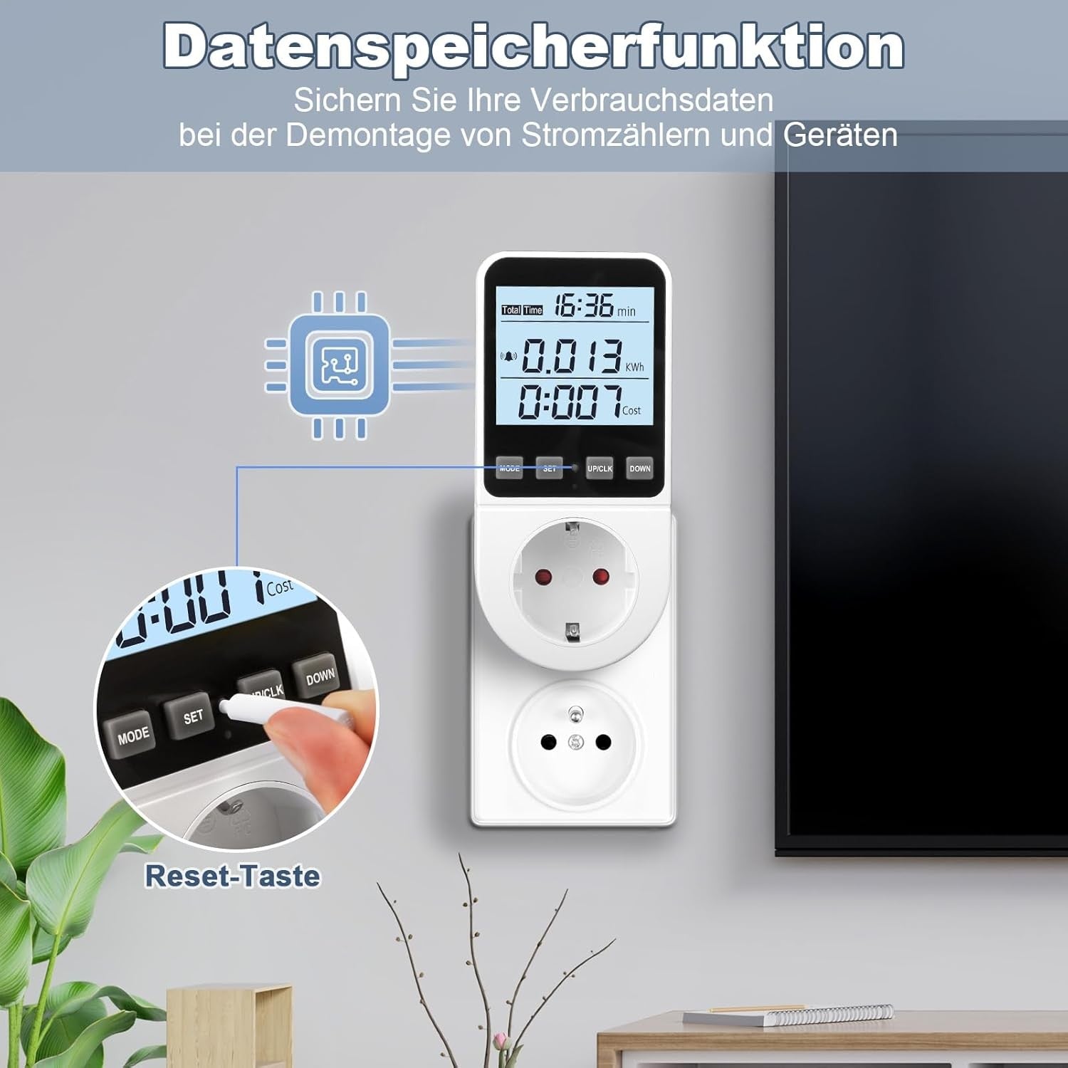 Stromzähler Steckdose Energiekostenmessgerät LCD KWH Watt 8 Modi