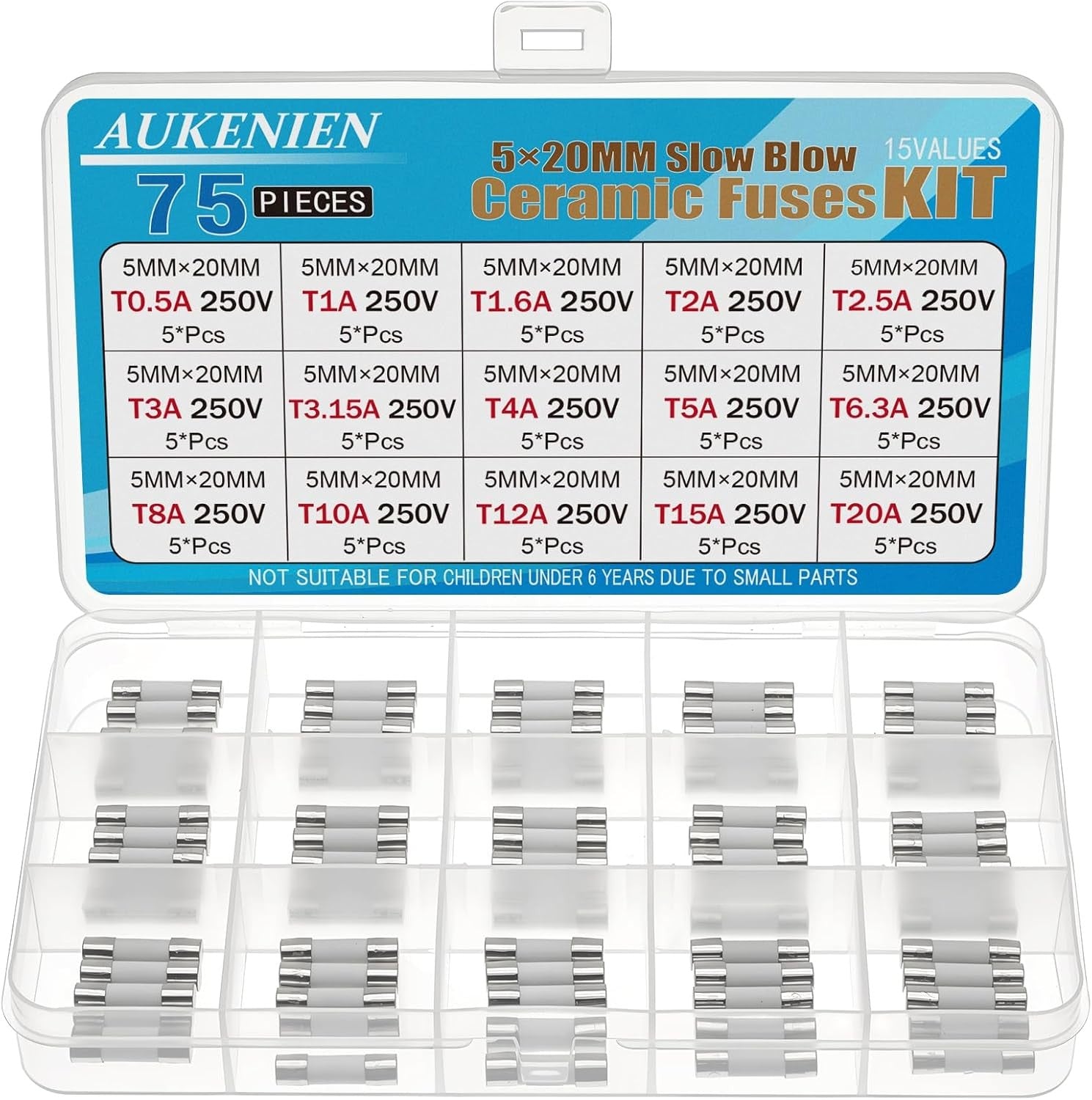 AUKENIEN Keramik Sicherungen 5x20mm Set 15 Werte T0,5A–20A 250V Sortiment