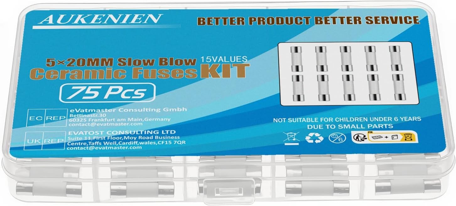 AUKENIEN Keramik Sicherungen 5x20mm Set 15 Werte T0,5A–20A 250V Sortiment