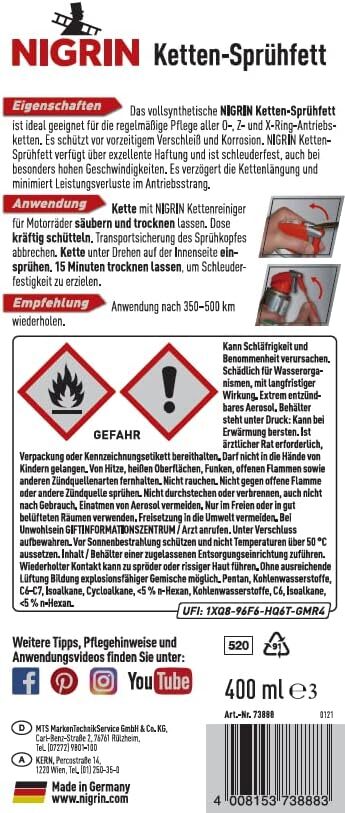 NIGRIN Ketten-Sprühfett, 400 ml, vollsynthetisch, schützt vor Verschleiß