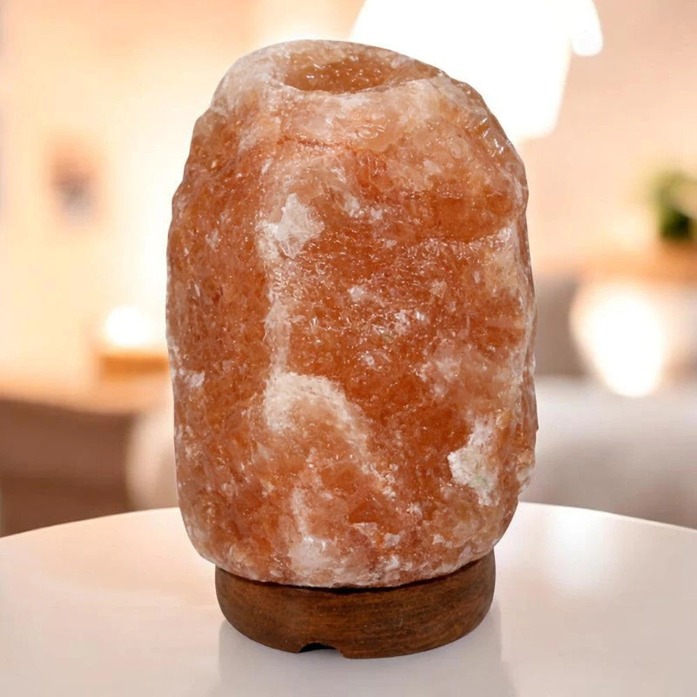 Himalaya Salzlampe 2-3 kg mit Holzständer – Natürliche Dekolampe aus Salzkristall mit E14 Fassung