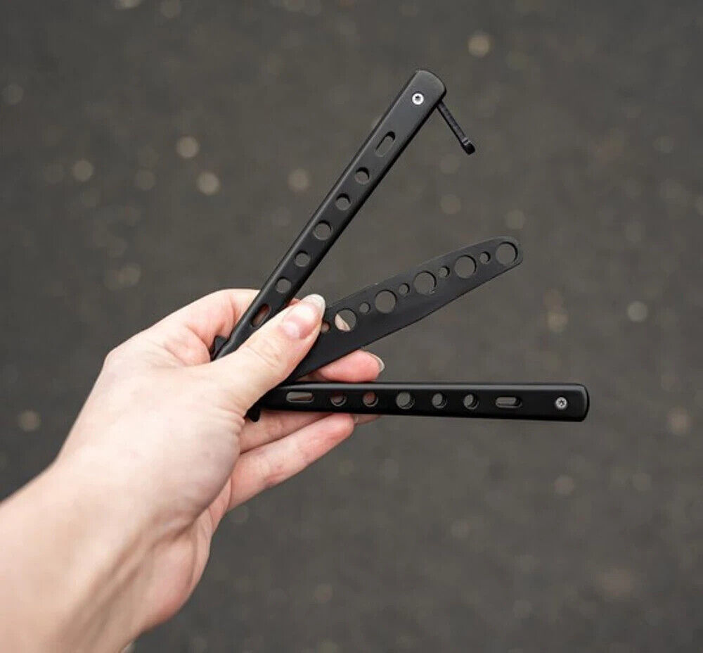Balisong Butterfly Trainer – stumpfes Übungsmesser für Tricktraining Schwarz