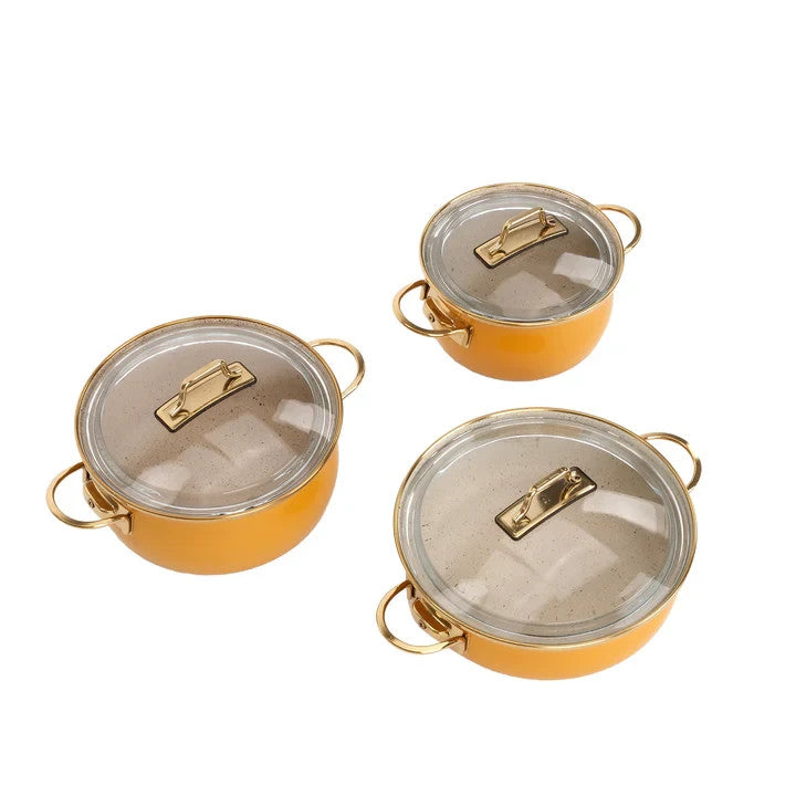 Kochtopf Set Emaille 3tlg 16 20 22cm Induktion Glasdeckel Senfgelb Topfset