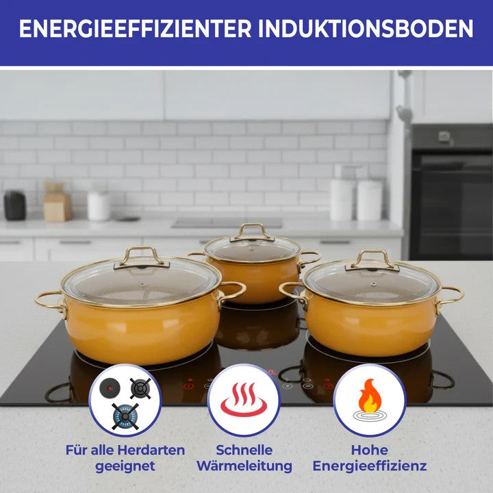 Kochtopf Set Emaille 3tlg 16 20 22cm Induktion Glasdeckel Senfgelb Topfset