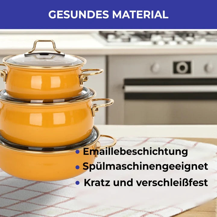 Kochtopf Set Emaille 3tlg 16 20 22cm Induktion Glasdeckel Senfgelb Topfset