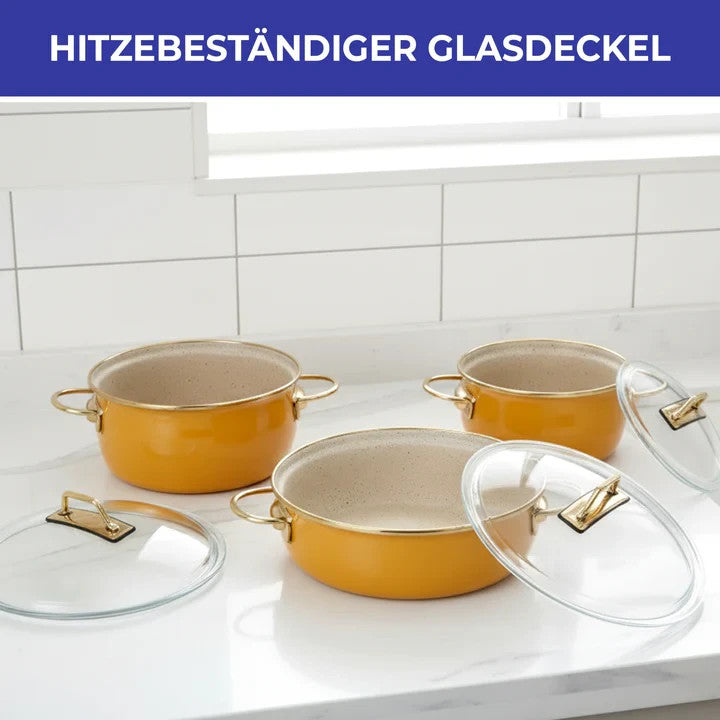 Kochtopf Set Emaille 3tlg 16 20 22cm Induktion Glasdeckel Senfgelb Topfset