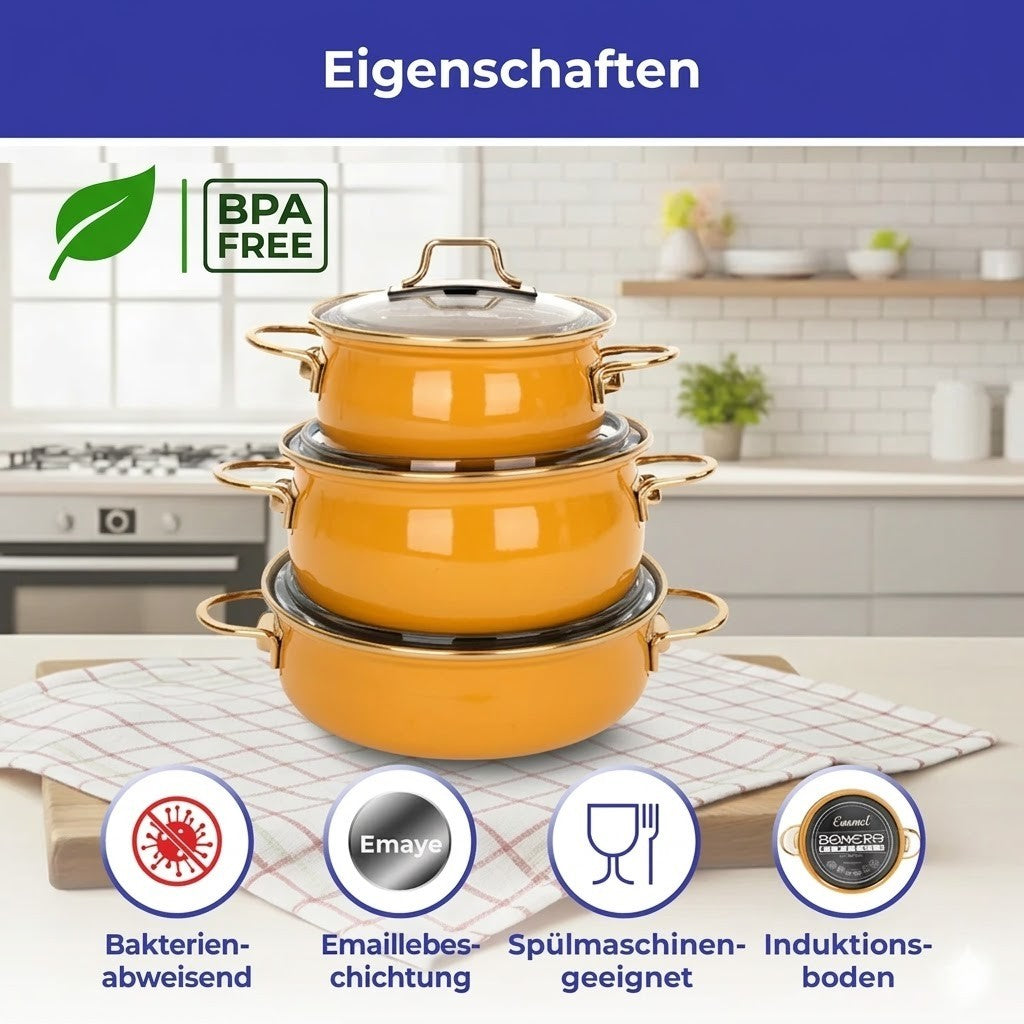 Kochtopf Set Emaille 3tlg 16 20 22cm Induktion Glasdeckel Senfgelb Topfset