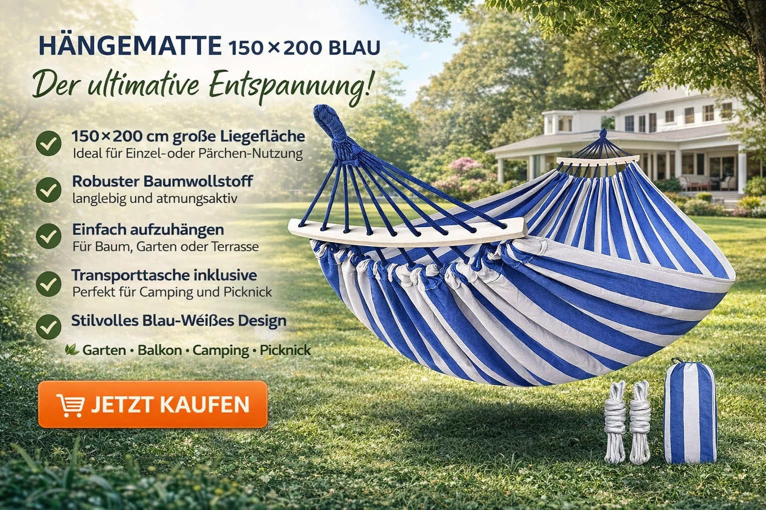 XXL Hängematte 150x200 cm Blau Garten Camping Outdoor Reise Relax Matt