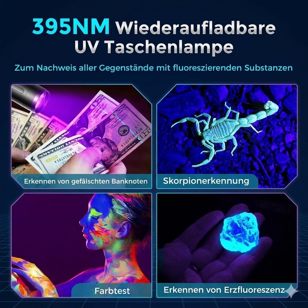 UV Taschenlampe 395nm Schwarzlicht LED wiederaufladbar Detektor IP65