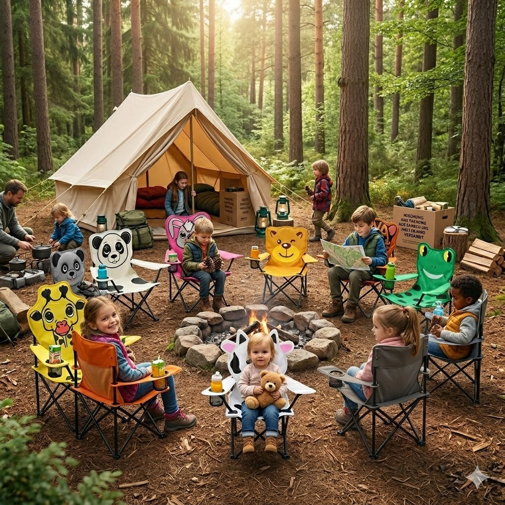 Kinder Campingstuhl Tiere – Faltbarer Klappstuhl mit Tiermotiv, Getränkehalter & Tragetasche für Garten, Camping & Picknick