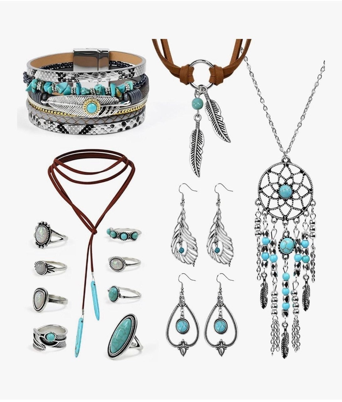 Boho Schmuck Set Türkis Damen Vintage Kette Ohrringe Ringe 14 teilig Geschenk Set