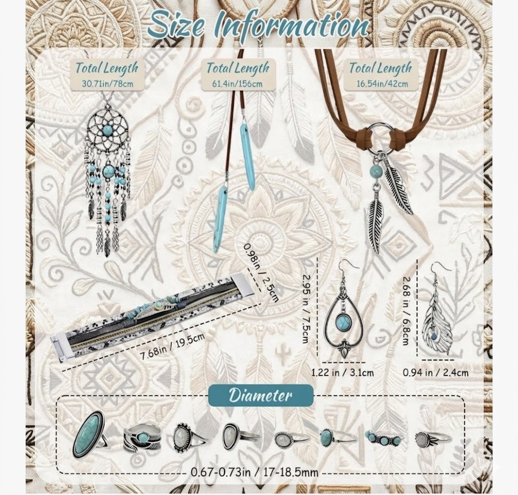 Boho Schmuck Set Türkis Damen Vintage Kette Ohrringe Ringe 14 teilig Geschenk Set