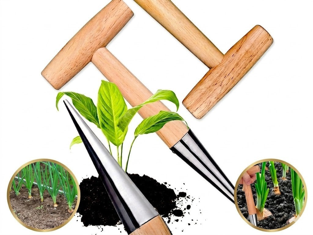 Pflanzdorn Blumenzwiebel Pflanzer Pflanzhilfe Holzgriff mit Skala Garten