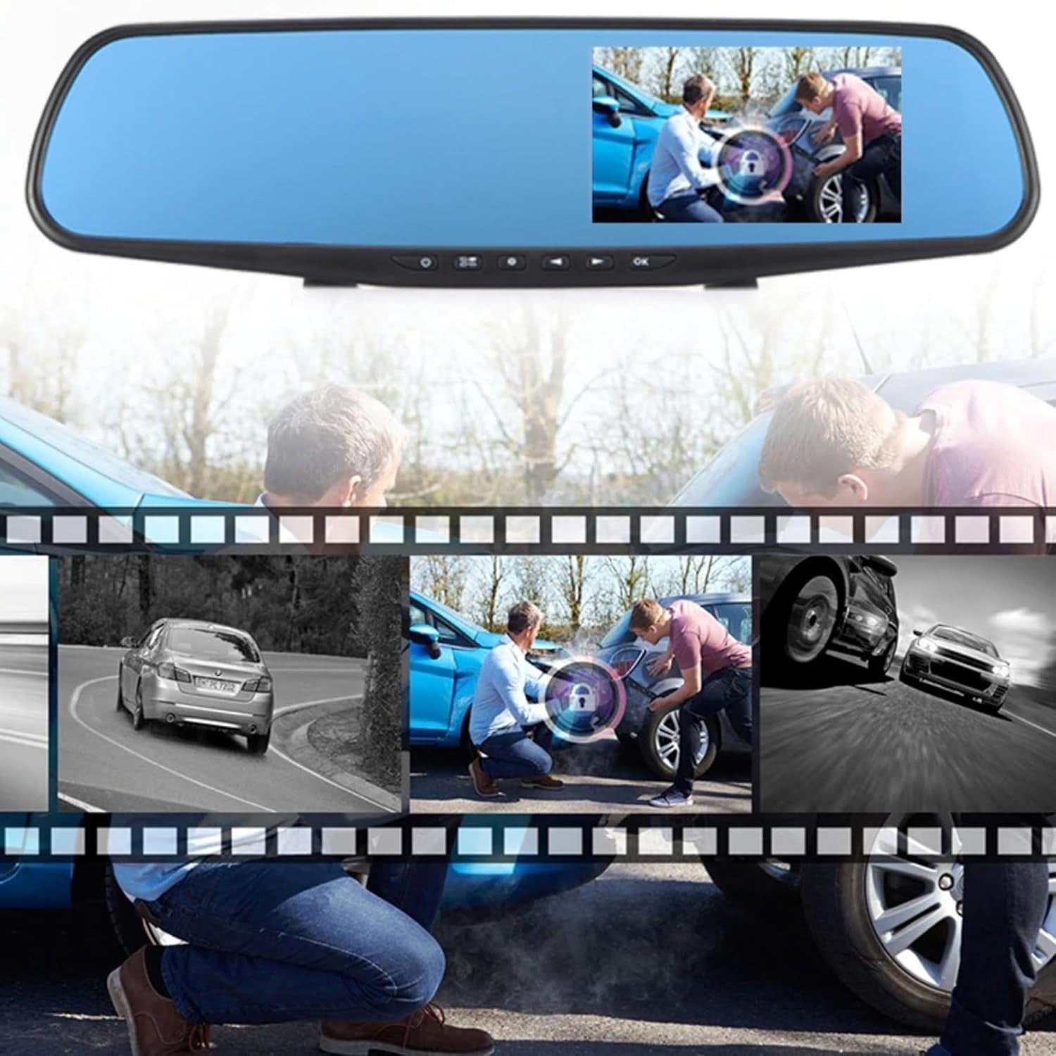 Dashcam Auto Spiegel Full HD 1080P Rückfahrkamera 4.3 Zoll Dual Kamera