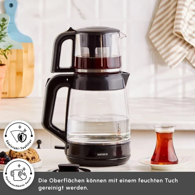 Karaca Glas Teemaschine XL 2in1 Teekocher 2.2L 1900W schwarz Samowar