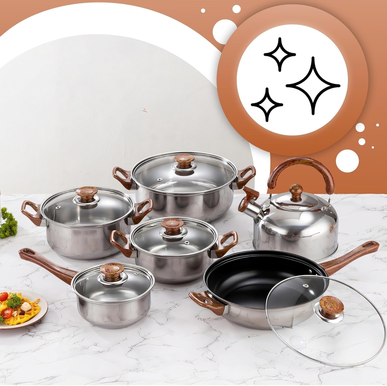 Topfset 12 teilig Edelstahl Kochgeschirr Set mit Glasdeckel Pfanne