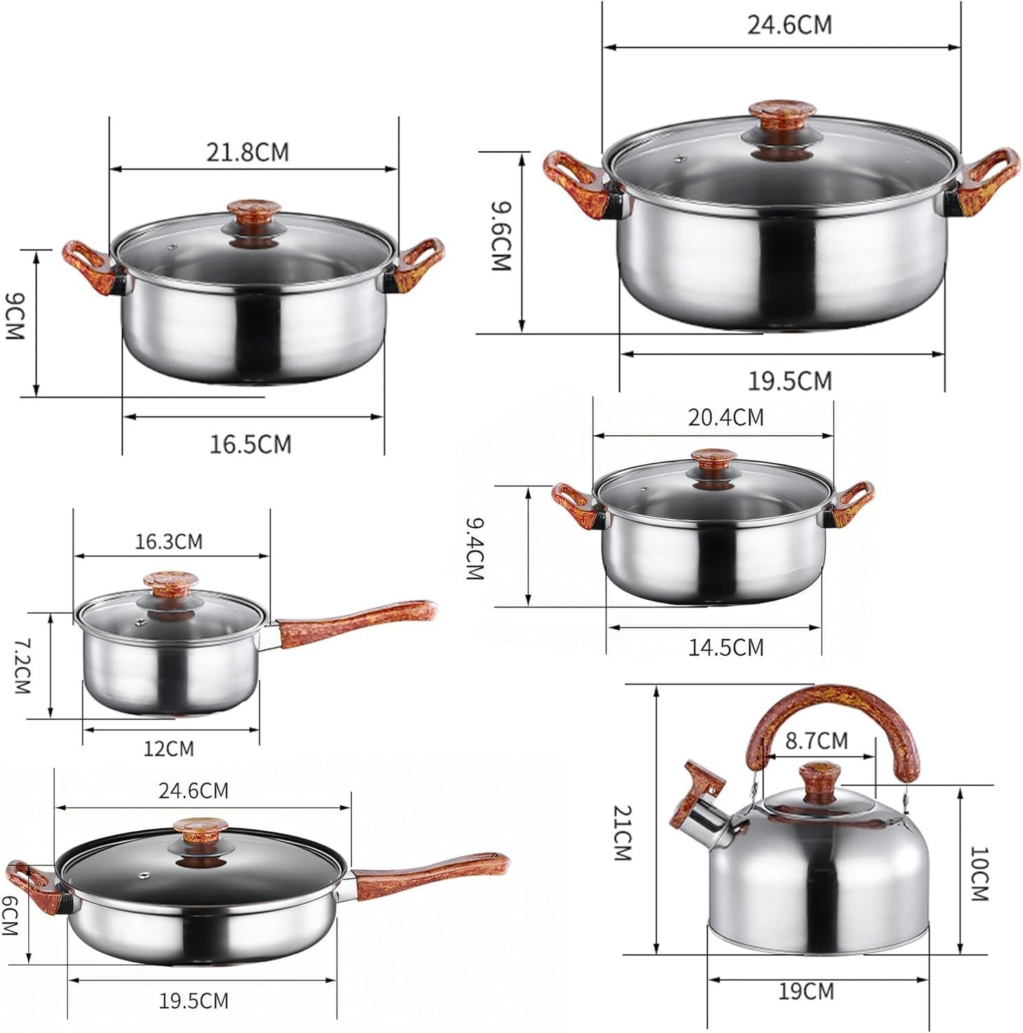 Topfset 12 teilig Edelstahl Kochgeschirr Set mit Glasdeckel Pfanne