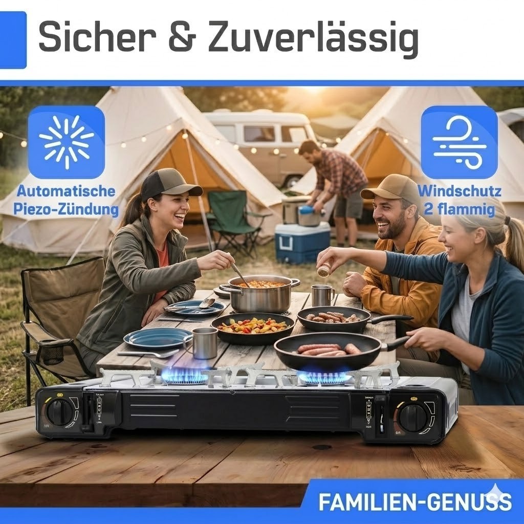 Doppel Campingkocher 2 flammig Gaskocher Kartusche Outdoor Herd