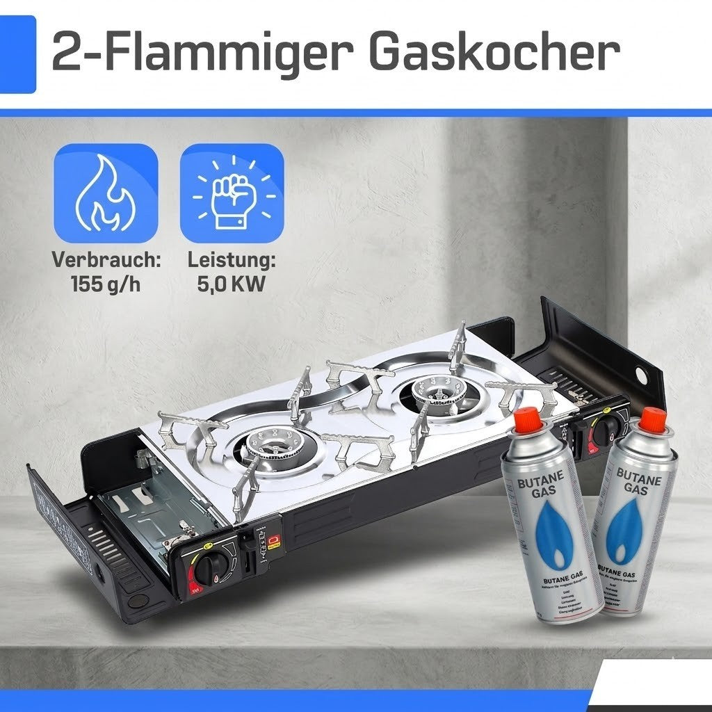 Doppel Campingkocher 2 flammig Gaskocher Kartusche Outdoor Herd