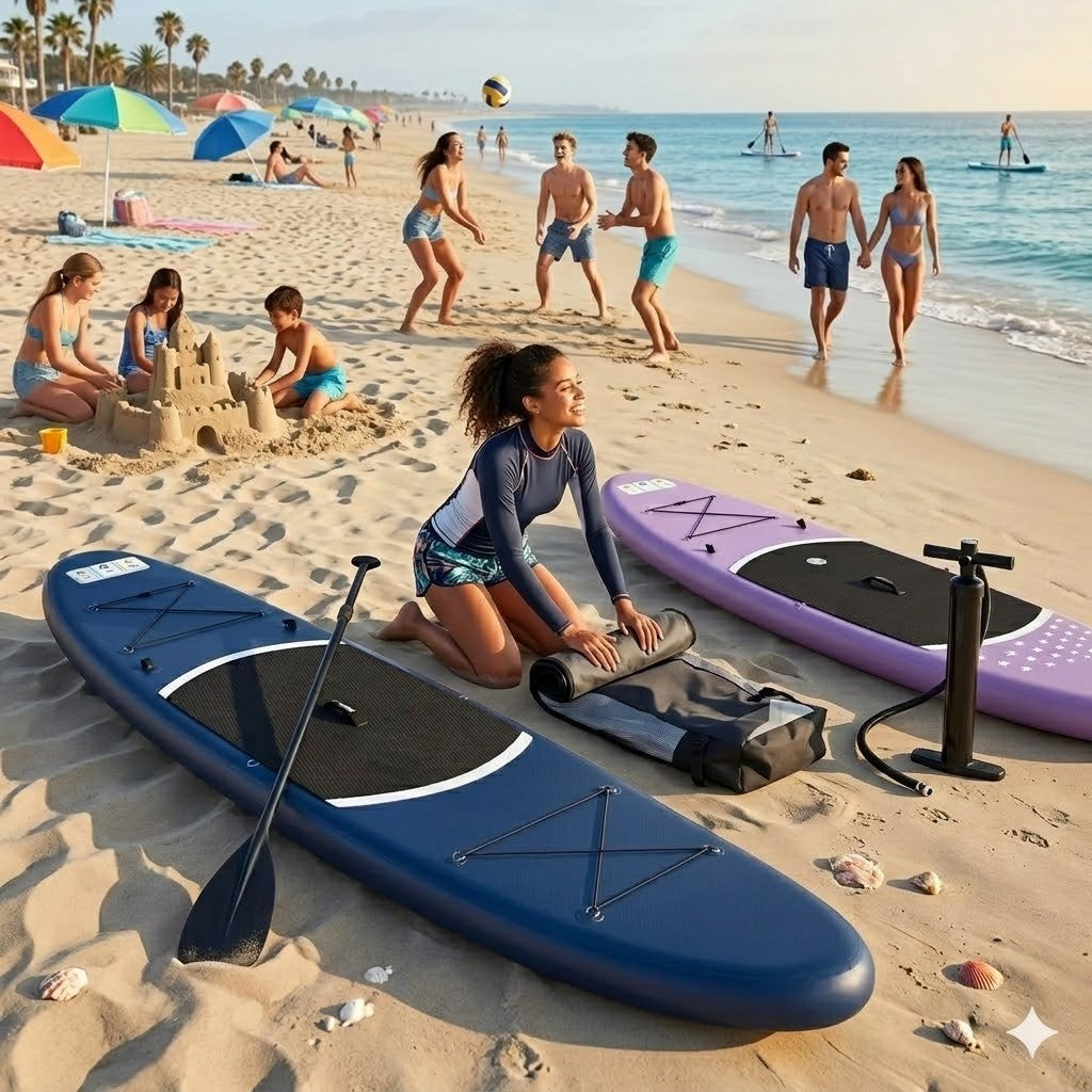 Aufblasbares SUP Board Set Lila 366 cm XXL  – 2in1 Stand Up Paddle & Kajak Funktion mit Sitz, Paddel, Double-Action-Pumpe, Tragetasche & Reparaturset