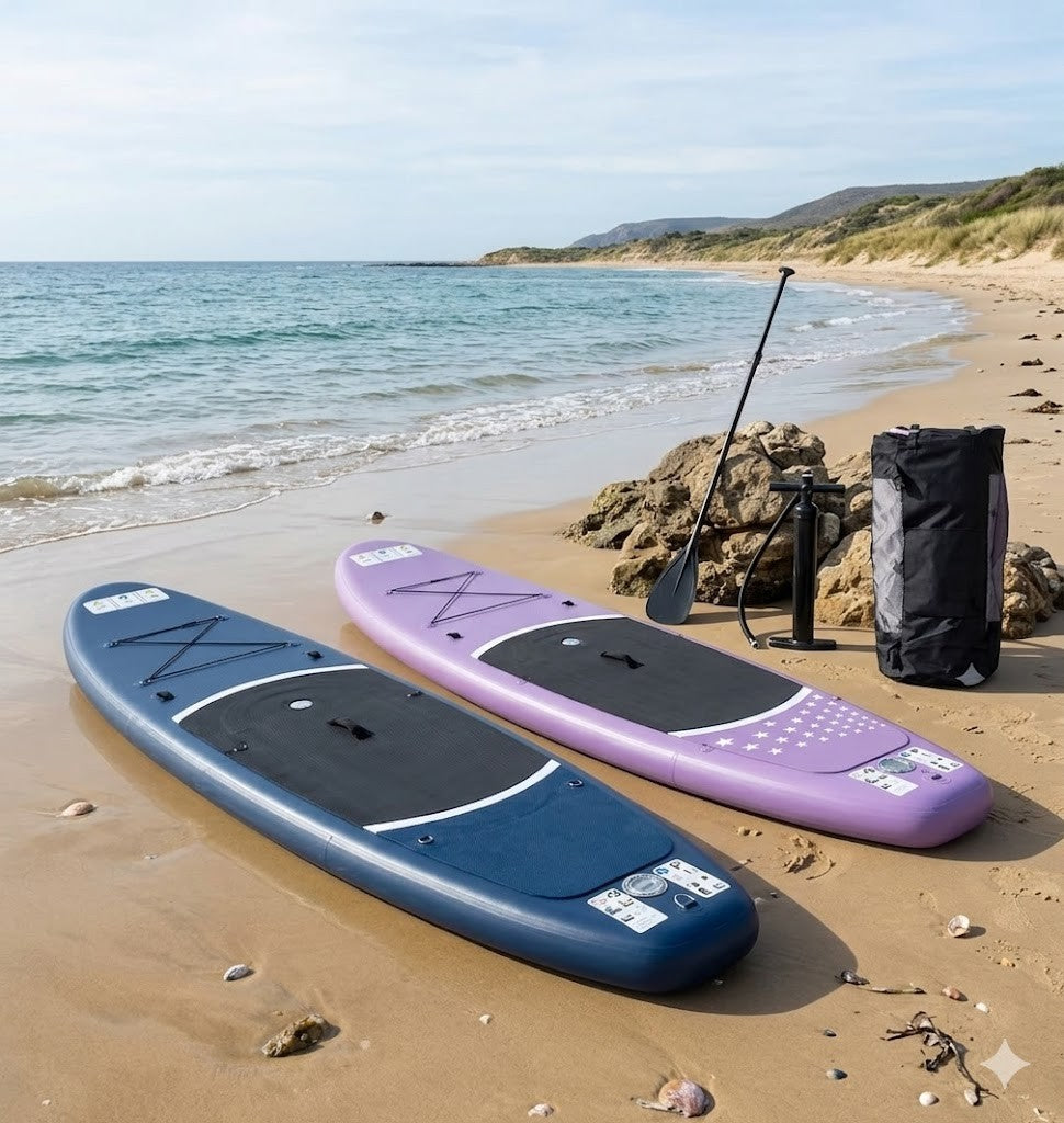 Aufblasbares SUP Board Set Lila 366 cm XXL  – 2in1 Stand Up Paddle & Kajak Funktion mit Sitz, Paddel, Double-Action-Pumpe, Tragetasche & Reparaturset