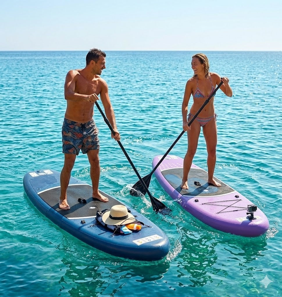 Aufblasbares SUP Board Set Lila 366 cm XXL  – 2in1 Stand Up Paddle & Kajak Funktion mit Sitz, Paddel, Double-Action-Pumpe, Tragetasche & Reparaturset