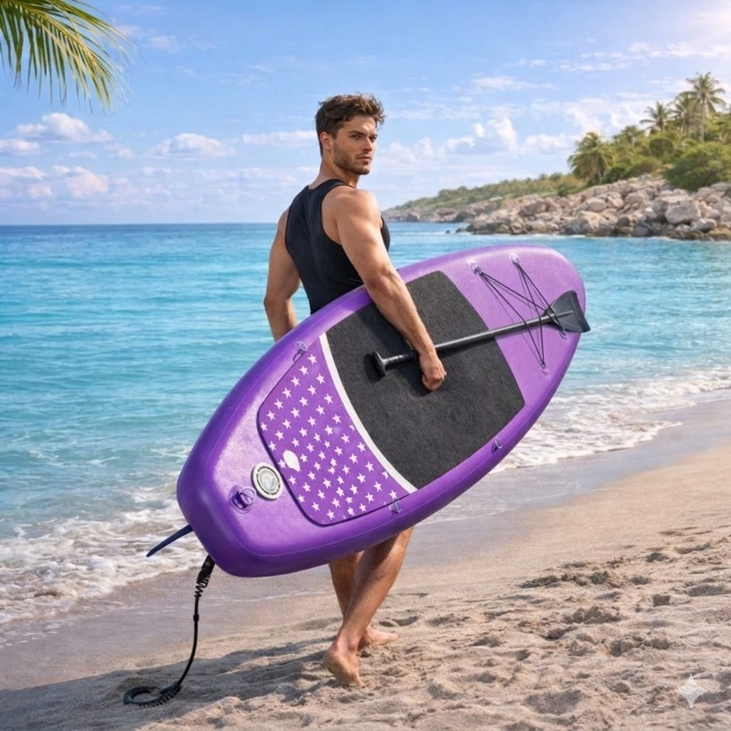 Aufblasbares SUP Board Set Lila 366 cm XXL  – 2in1 Stand Up Paddle & Kajak Funktion mit Sitz, Paddel, Double-Action-Pumpe, Tragetasche & Reparaturset