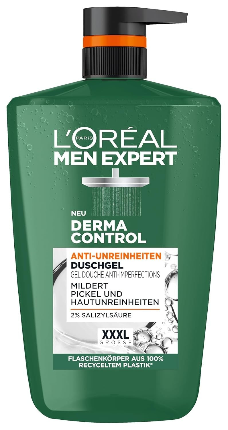 L'Oréal Men Expert XXXL Duschgel und Shampoo für Männer, Duschbad zur Reinigung von Körper, Haar und Gesicht, Herren Körperpflege für zu Unreinheiten neigende Haut, Derma Control, 1 x 1000 ml