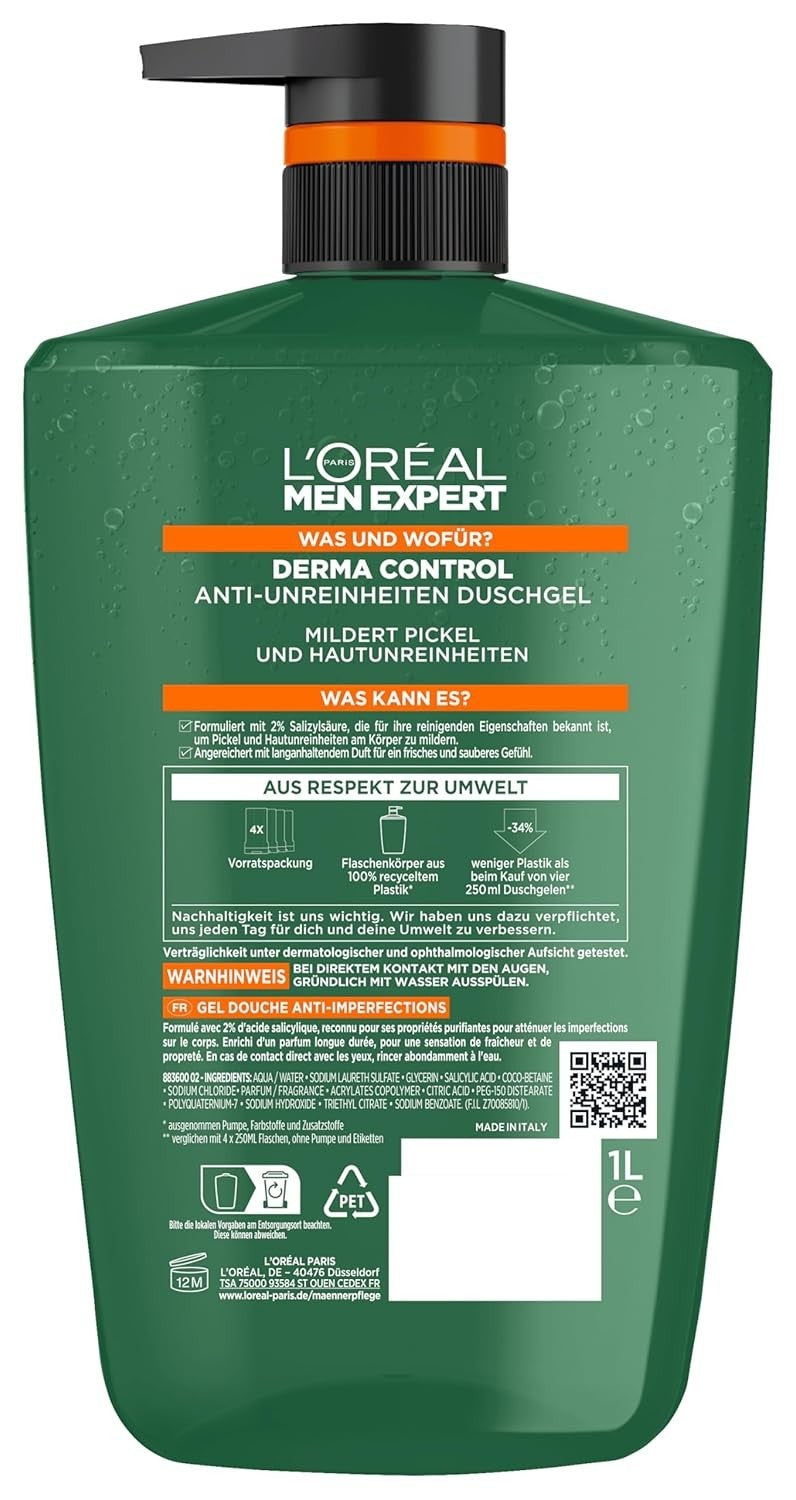 L'Oréal Men Expert XXXL Duschgel und Shampoo für Männer, Duschbad zur Reinigung von Körper, Haar und Gesicht, Herren Körperpflege für zu Unreinheiten neigende Haut, Derma Control, 1 x 1000 ml