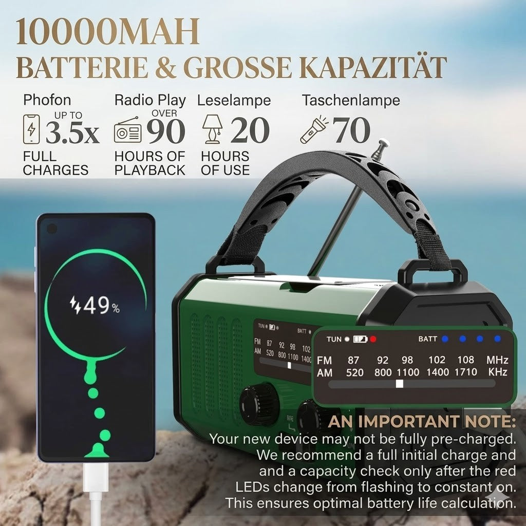 Notfallradio Solar 10000mAh FM AM NOAA Kurbel Radio Powerbank