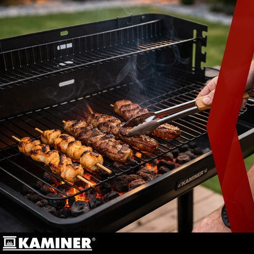 Holzkohlegrill Grillwagen mit Drehspieß Garten BBQ mit Ablage