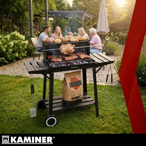 Holzkohlegrill Grillwagen mit Drehspieß Garten BBQ mit Ablage